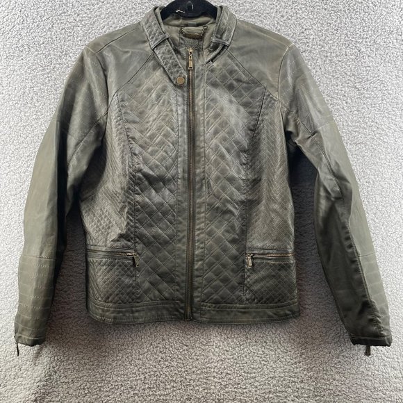 Odyn Womens Faux Leather Jacket Full Zip Quilted Biker Moto Size Medium - Picture 1 of 14